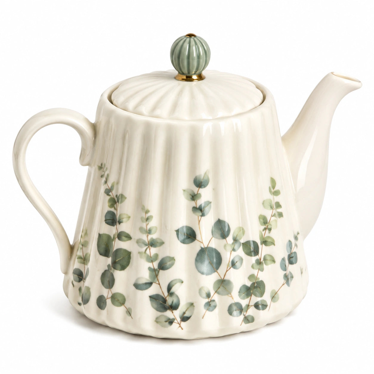 Teiera in ceramica 1.20 L avorio e verde con motivo botanico e coperchio