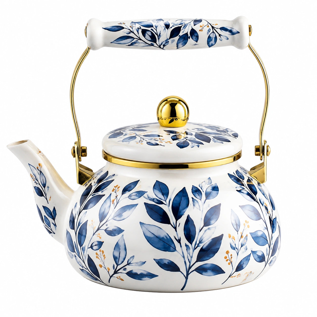 Teiera in ceramica 1.50 L bianco/blu/oro con decoro floreale e manico dorato