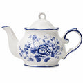 Teiera in porcellana 1.20 L bianca e blu con decoro floreale e coperchio