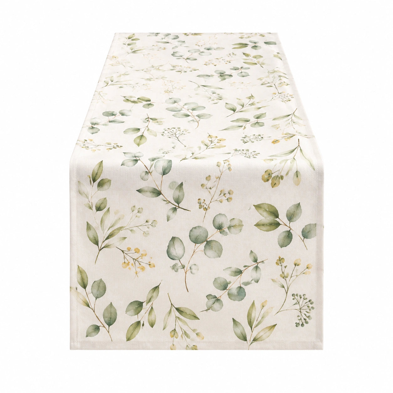 Runner da tavola 180 x 35 cm in tessuto avorio e verde con motivo botanico stile naturale