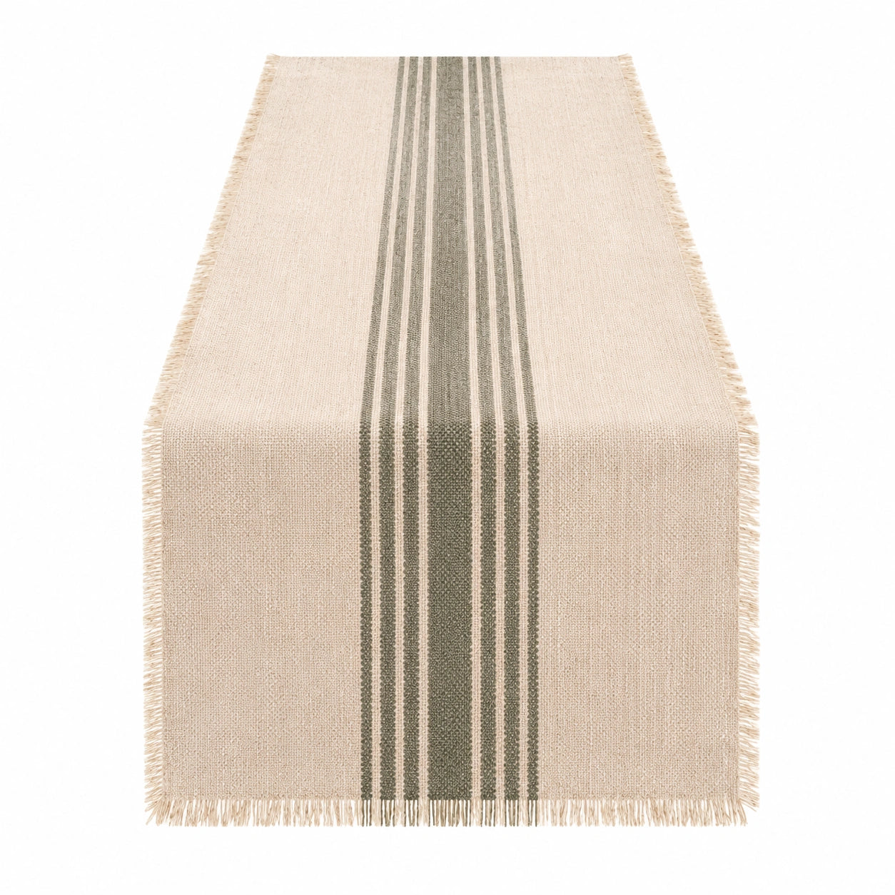 Runner da tavolo 40 x 180 cm in tessuto beige e verde a righe con frange
