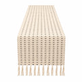 Runner da tavola 180 x 40 cm in cotone beige e nero con frange stile boho