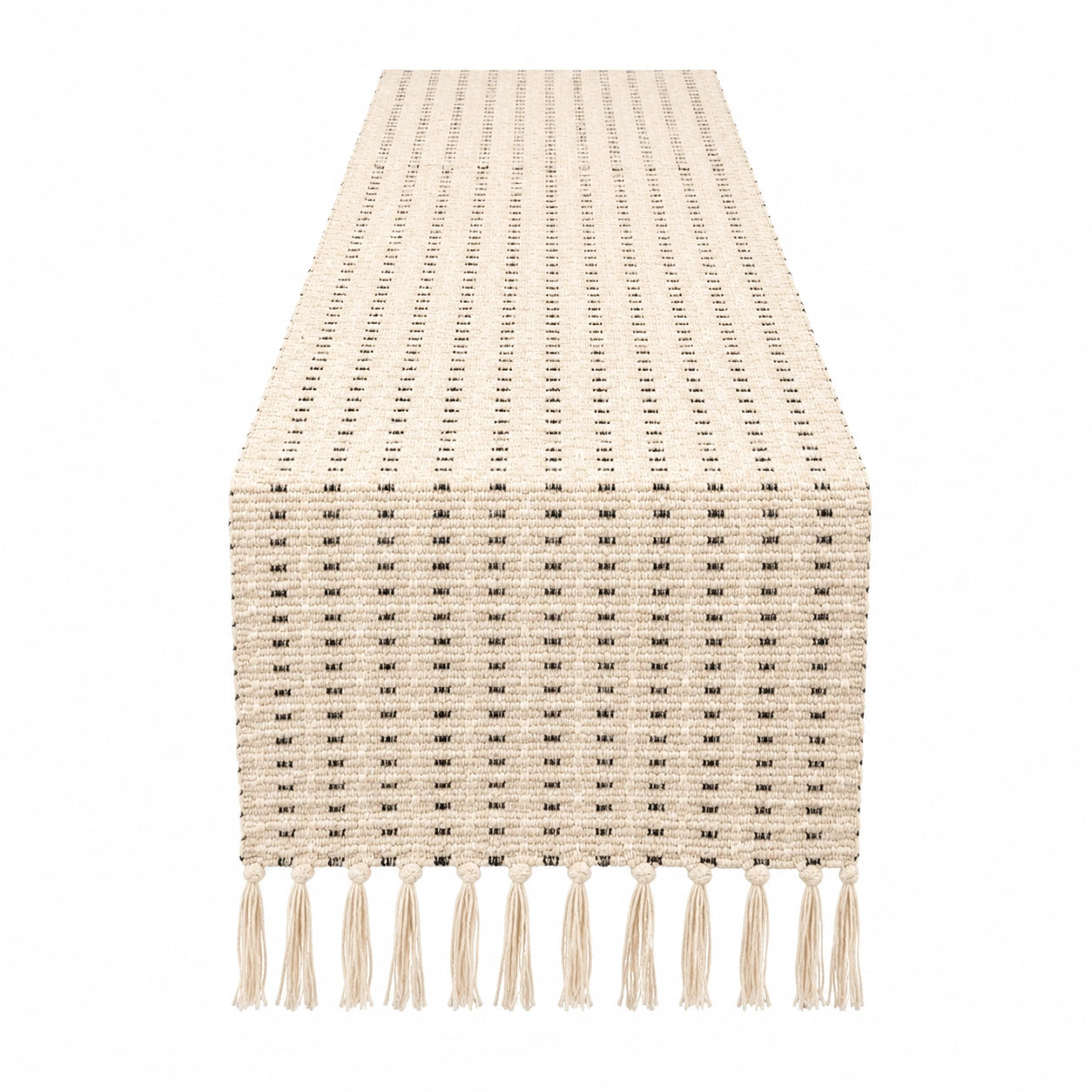 Runner da tavola 180 x 40 cm in cotone beige e nero con frange stile boho