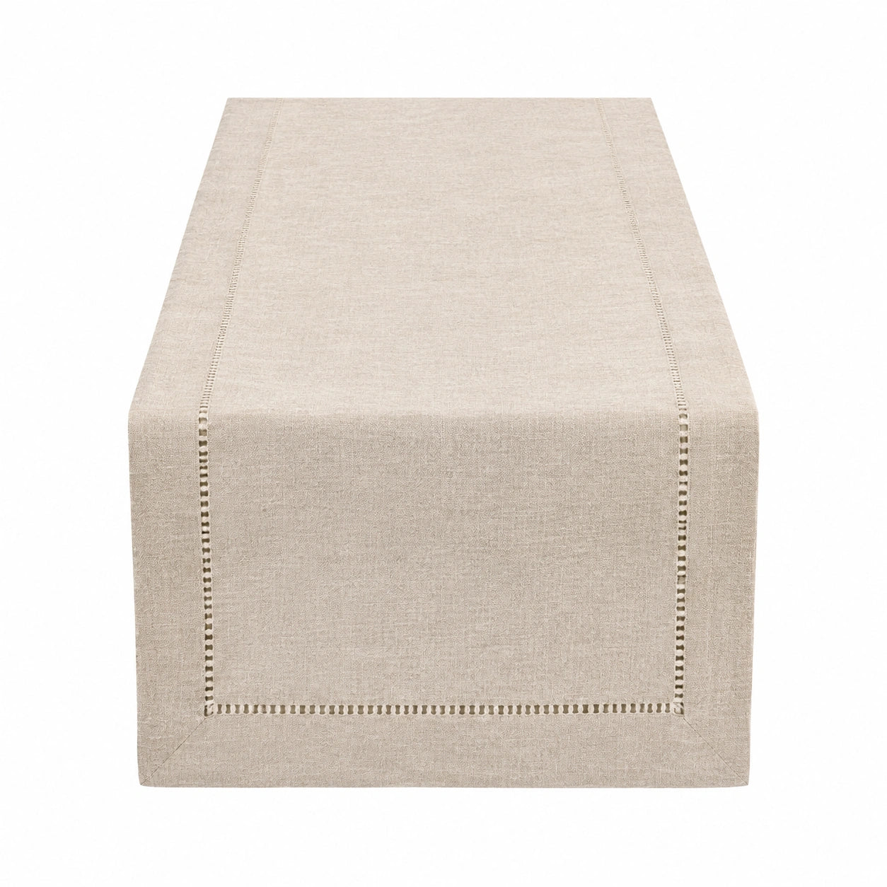 Runner da tavola 40 x 180 cm in tessuto effetto lino beige con bordo ajour