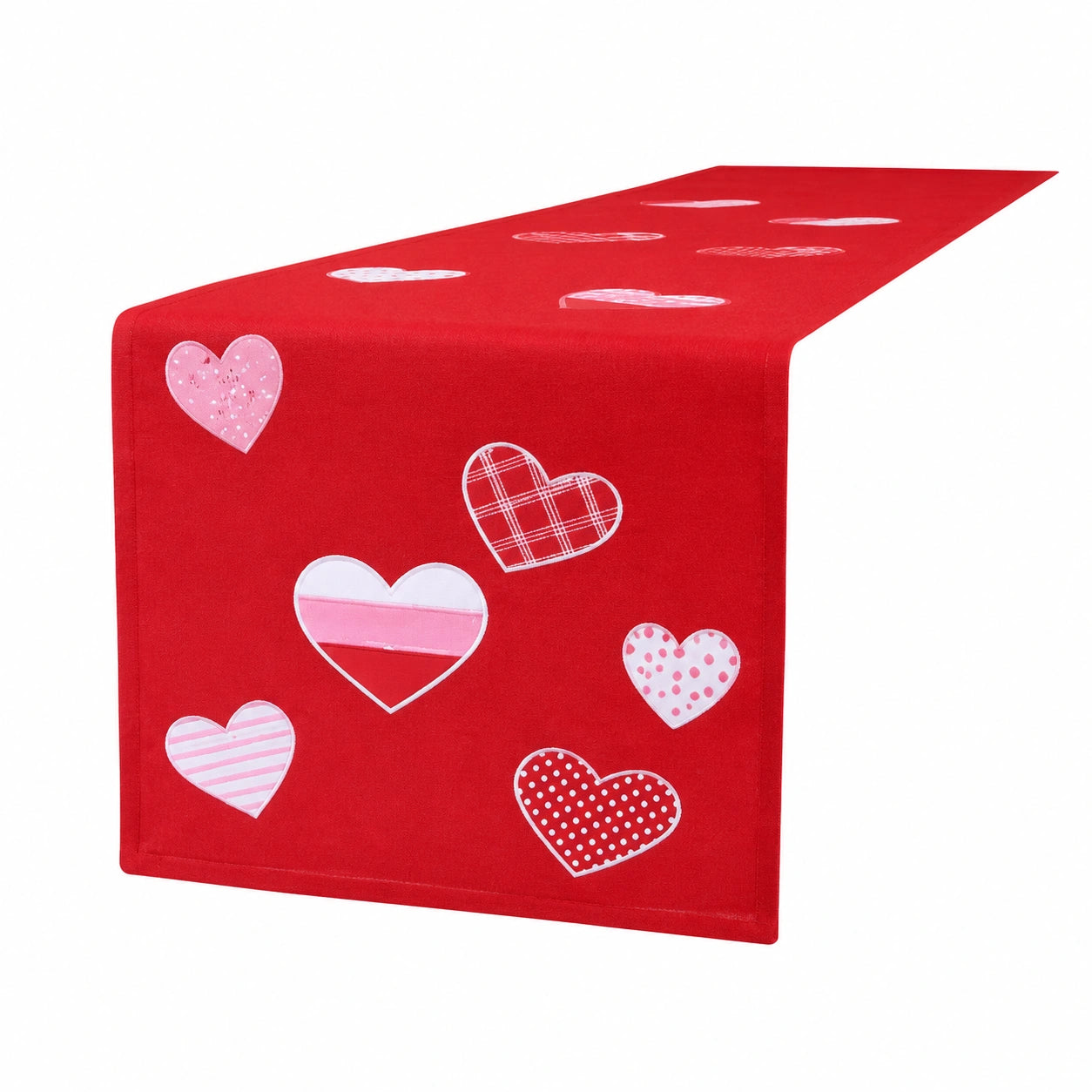 Runner da tavola 180 x 40 cm in tessuto rosso con cuori decorativi