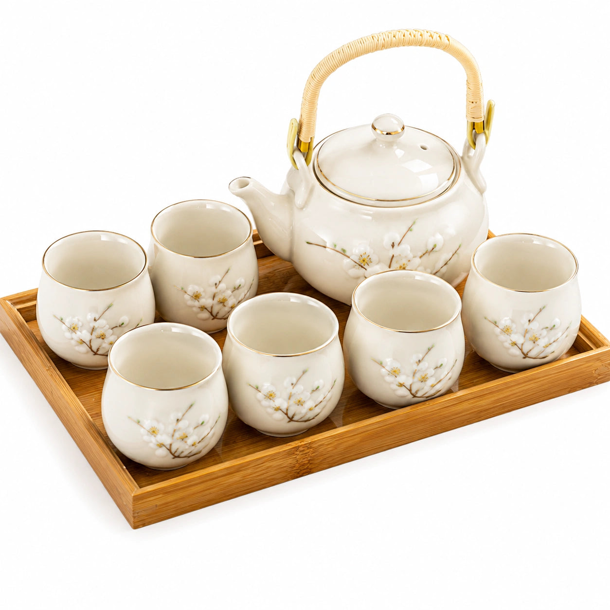 Servizio da tè 8 pezzi 1000 ml in ceramica avorio con vassoio in bambù per 6 persone stile floreale