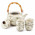 Set da tè in ceramica 1200 ml avorio con manico in bambù e motivo vegetale - teiera con 4 tazze