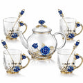 Servizio da tè in vetro teiera 20 x 13 cm e 4 tazze 250 ml trasparente blu e oro floreale