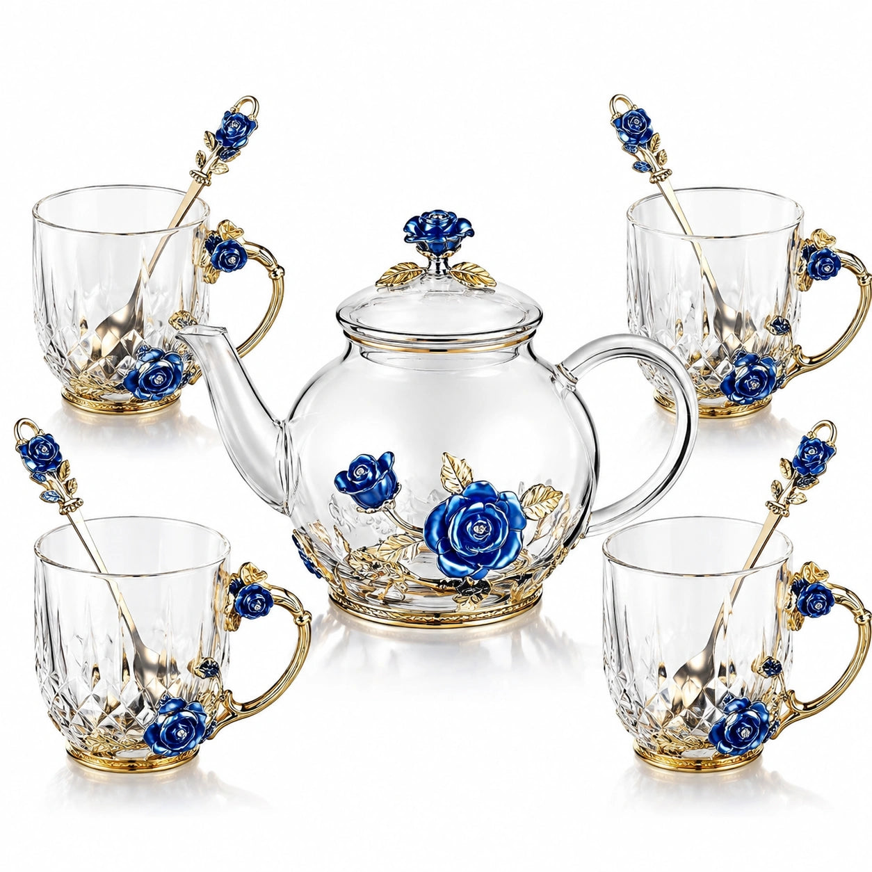 Servizio da tè in vetro teiera 20 x 13 cm e 4 tazze 250 ml trasparente blu e oro floreale