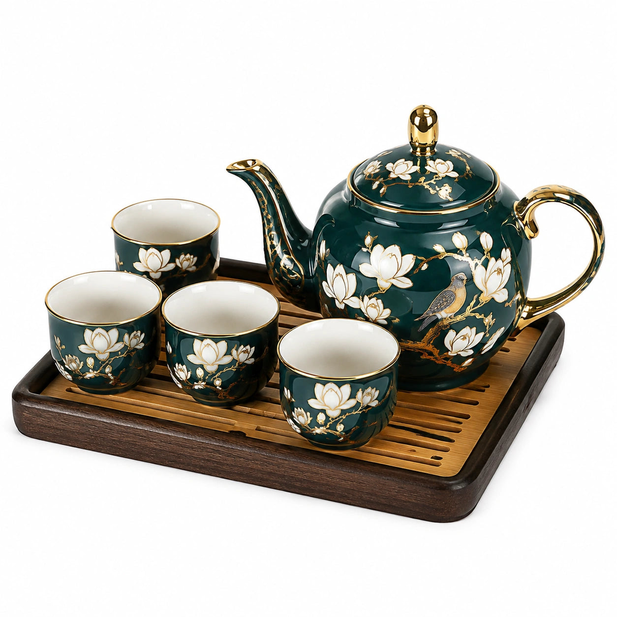 Set da tè in ceramica 800 ml verde scuro e oro con vassoio per servizio floreale