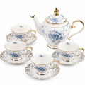 Servizio da tè in porcellana 1800 ml bianco blu dorato floreale per 4 persone