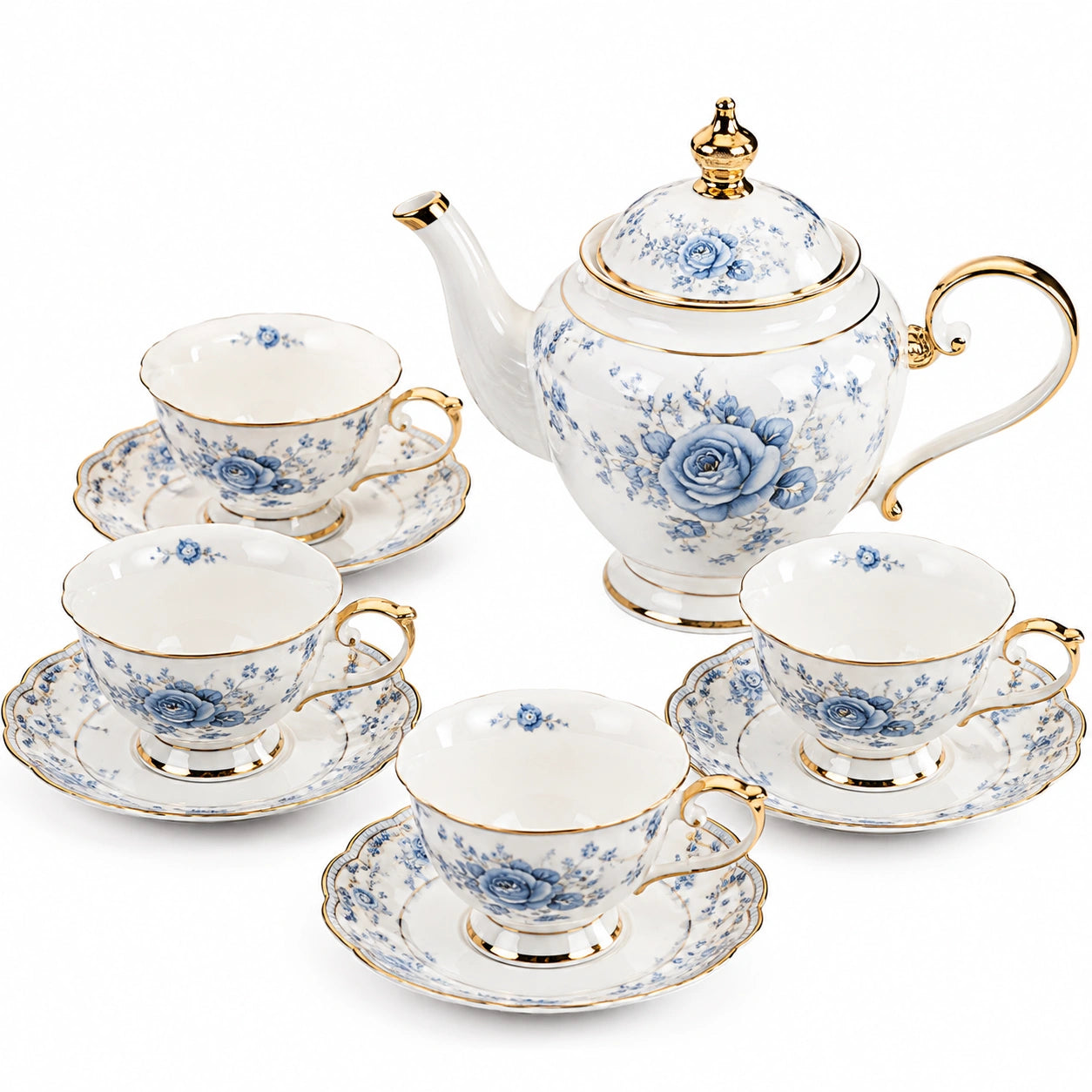 Servizio da tè in porcellana 1800 ml bianco blu dorato floreale per 4 persone