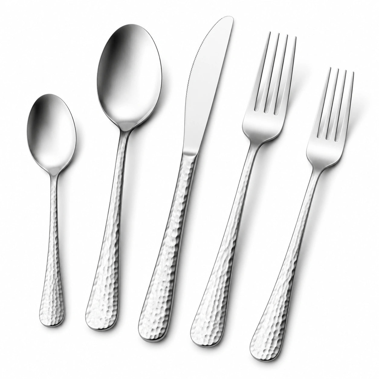Set posate 5 pezzi in acciaio inox argento con manici martellati per tavola