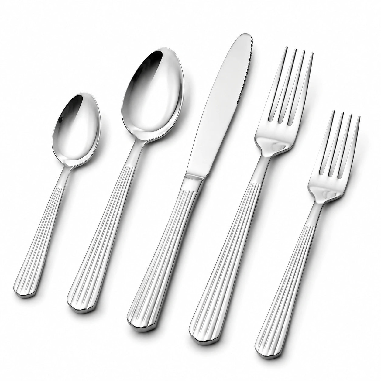 Set di posate 5 pezzi in acciaio inox argento per tavola con manici rigati