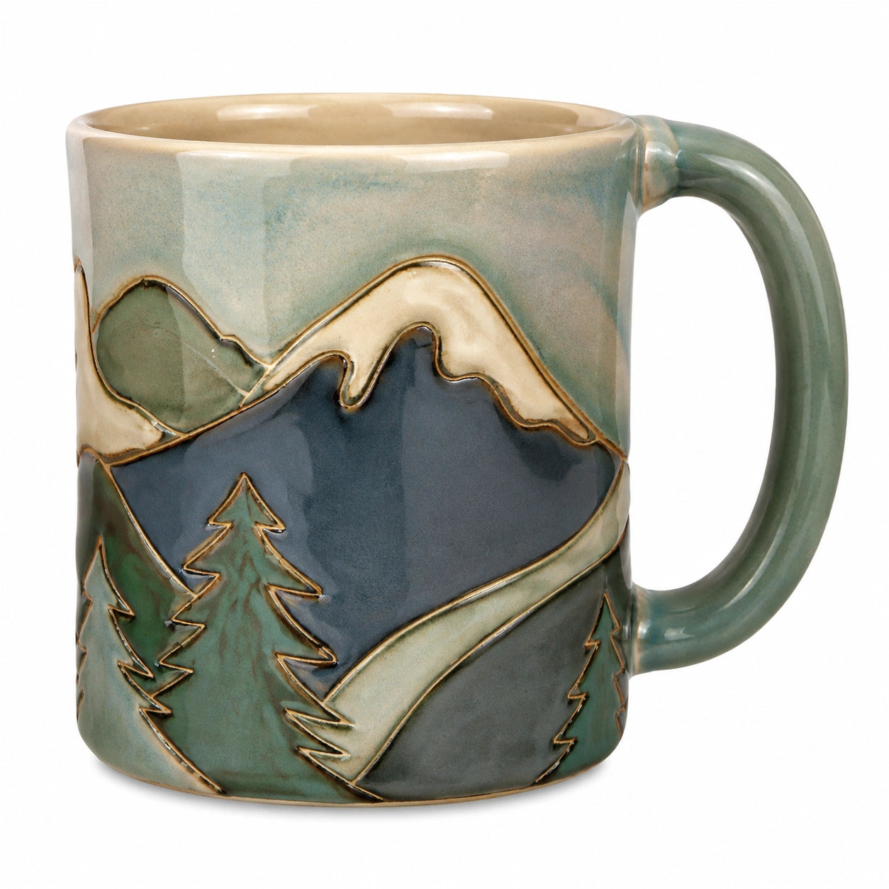 Tazza in ceramica 450 ml verde/blu con manico - paesaggio montano in rilievo