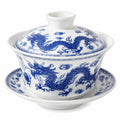 Tazza Gaiwan in porcellana 120 ml bianco/blu con coperchio e piattino motivo drago