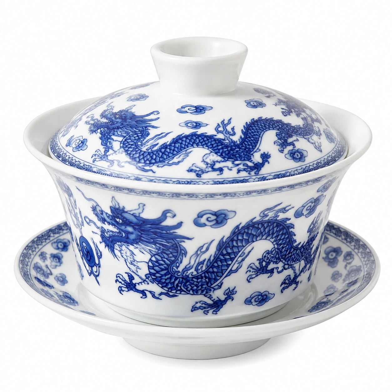 Tazza Gaiwan in porcellana 120 ml bianco/blu con coperchio e piattino motivo drago