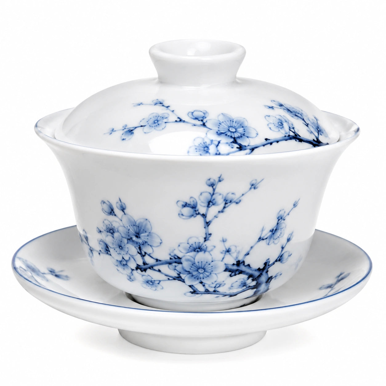 Tazza Gaiwan in porcellana 150 ml bianco e blu con motivo floreale