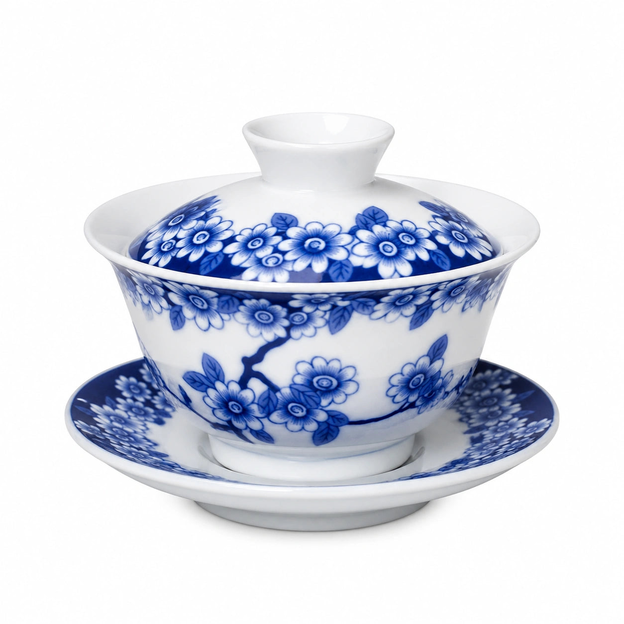 Gaiwan da tè in porcellana 150 ml bianco/blu con motivo floreale e coperchio
