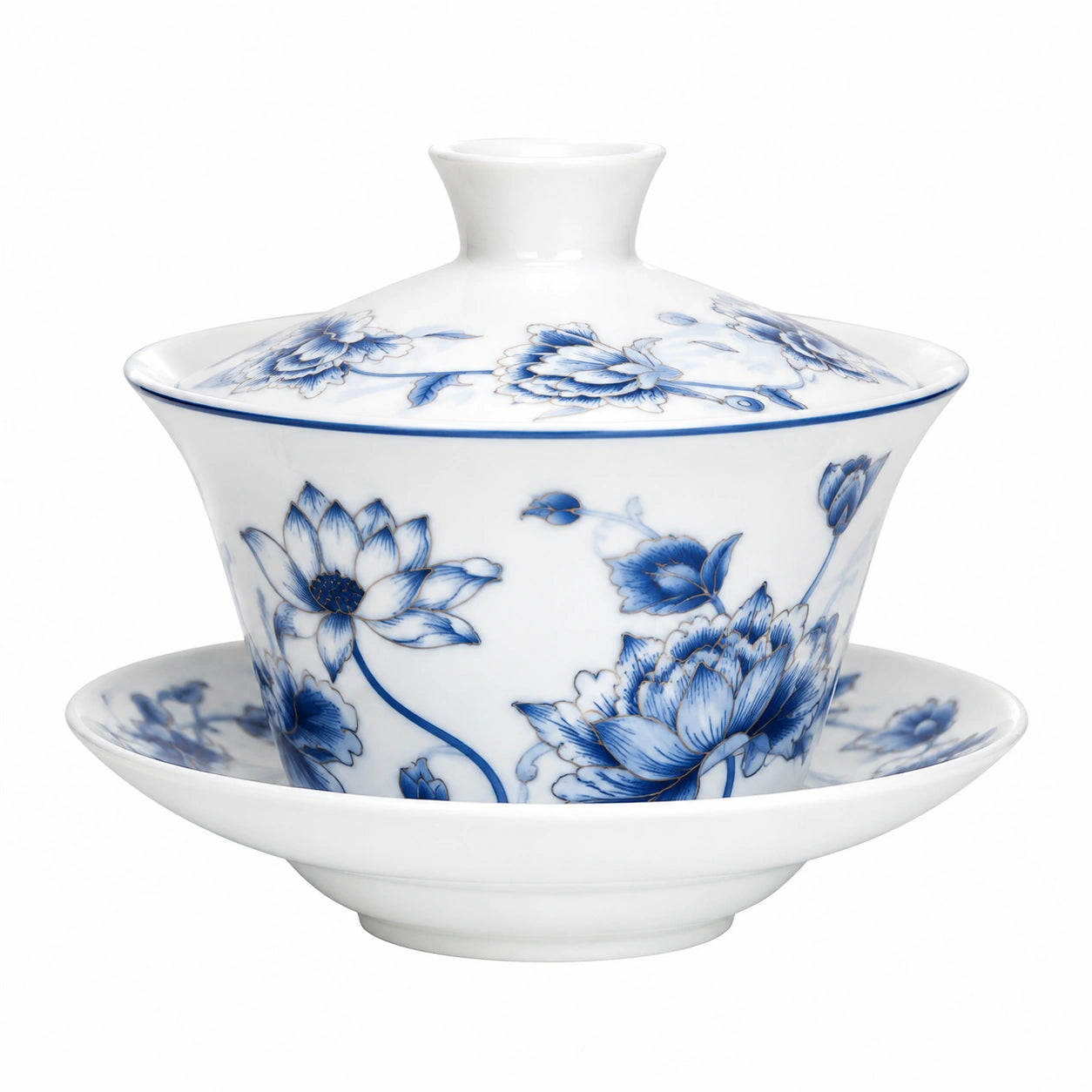 Tazza Gaiwan in porcellana bianca e blu 150 ml con coperchio e piattino floreale