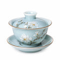 Tazza Gaiwan in porcellana 150 ml azzurro chiaro con motivo floreale - set da tè con coperchio e piattino
