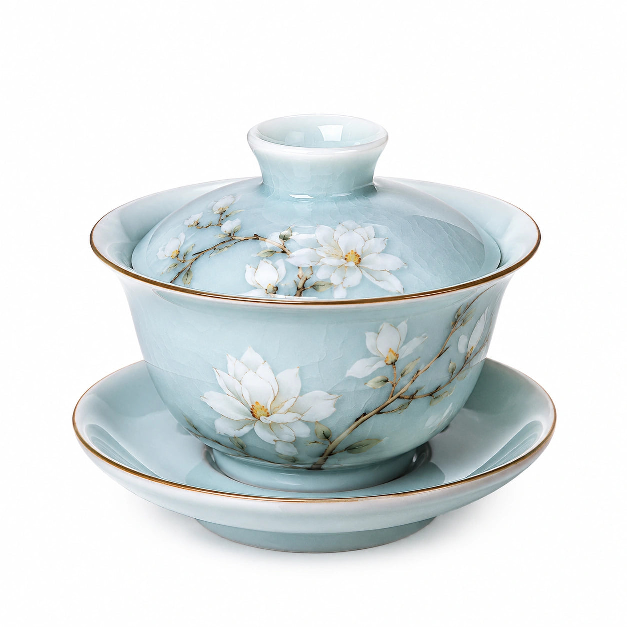 Tazza Gaiwan in porcellana 150 ml azzurro chiaro con motivo floreale - set da tè con coperchio e piattino