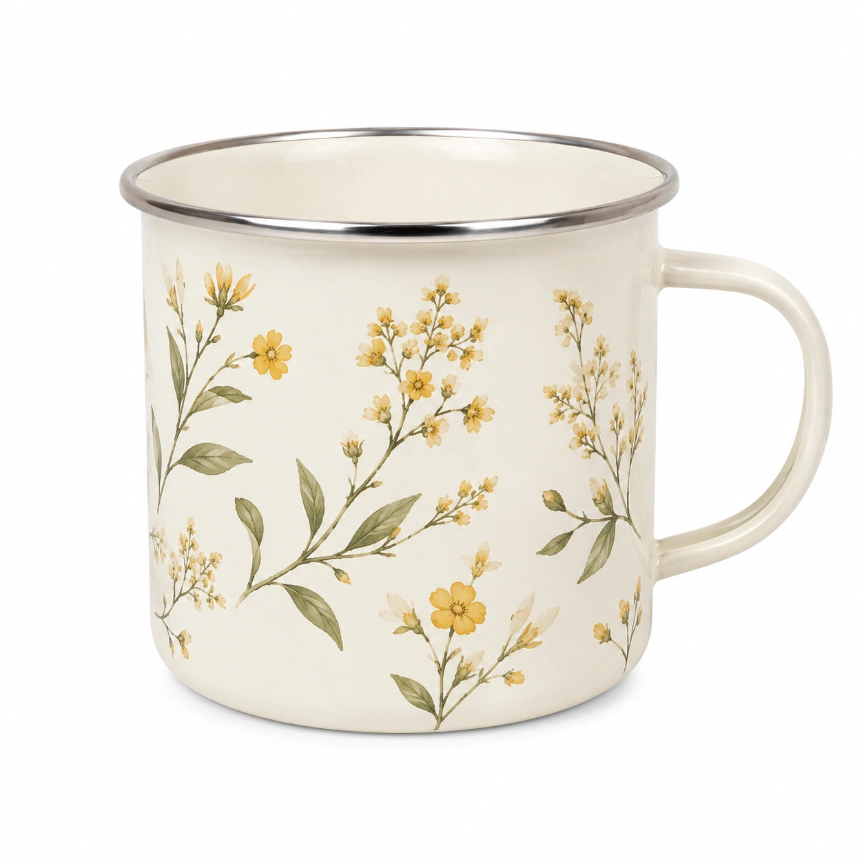Tazza 400 ml in acciaio smaltato avorio con fiori gialli stile botanico