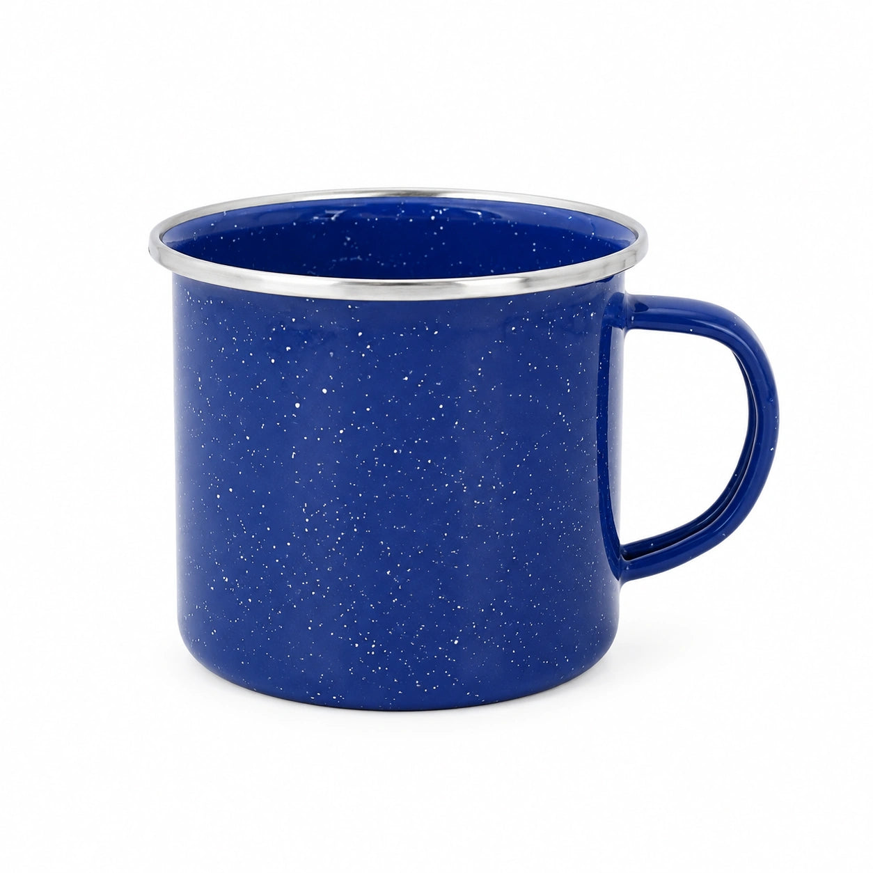 Tazza 350 ml in acciaio smaltato blu con bordo argentato stile campeggio