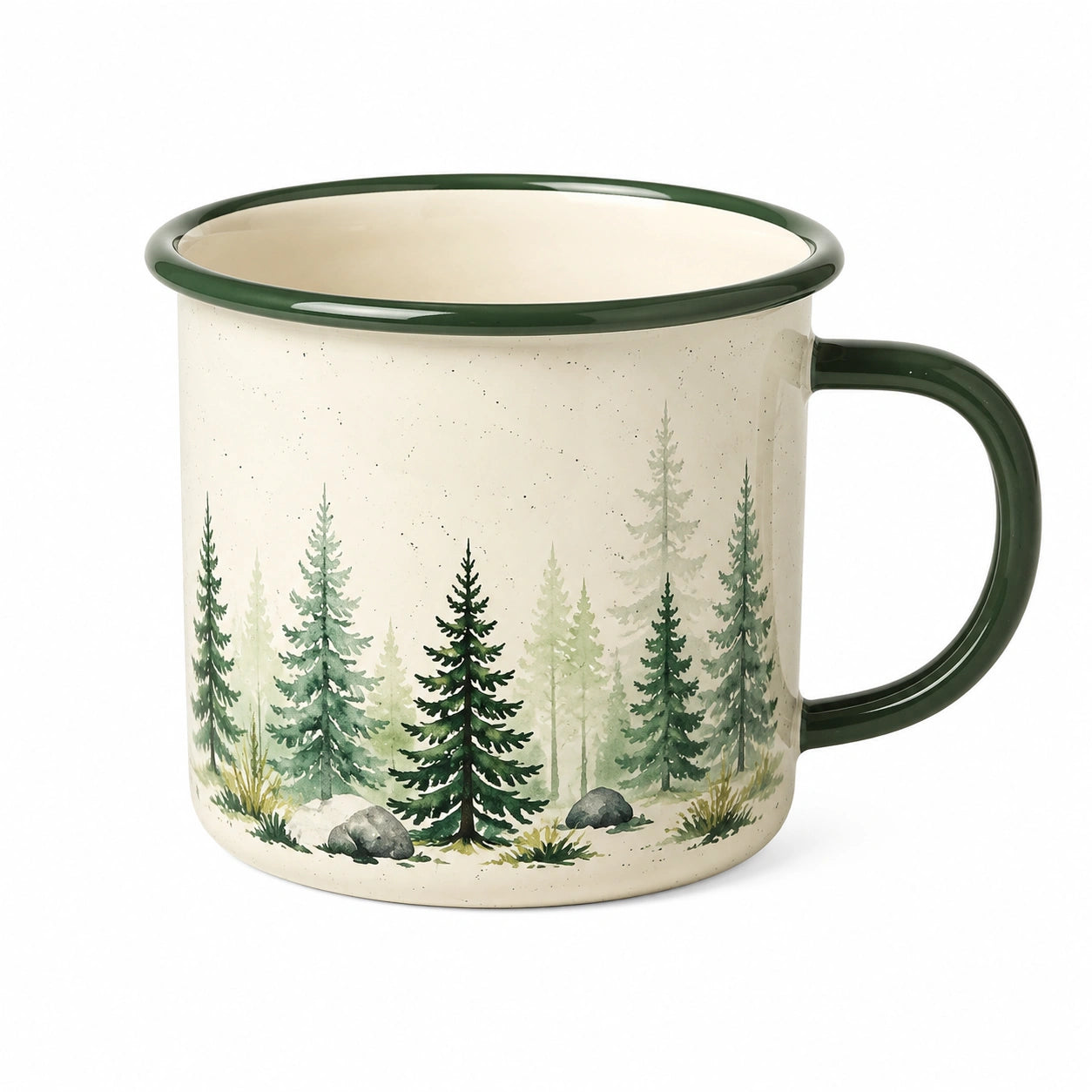 Tazza da campeggio 450 ml in acciaio smaltato crema e verde con motivo bosco