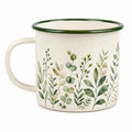 Tazza smaltata 350 ml bianca e verde con motivo botanico - manico per bevande calde e fredde