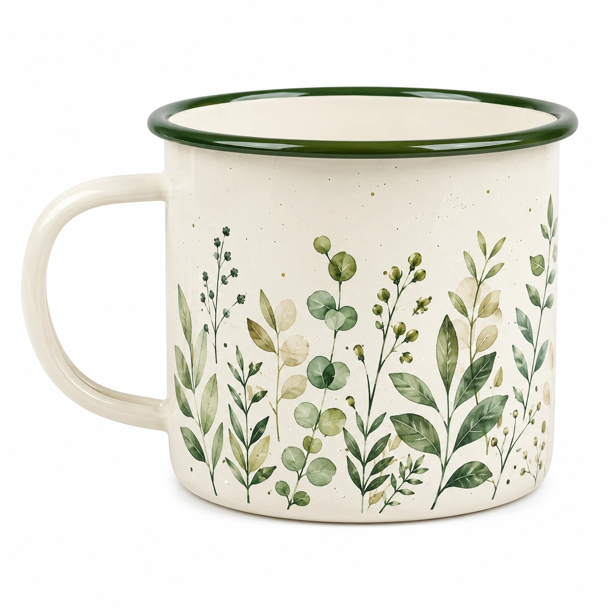 Tazza smaltata 350 ml bianca e verde con motivo botanico - manico per bevande calde e fredde
